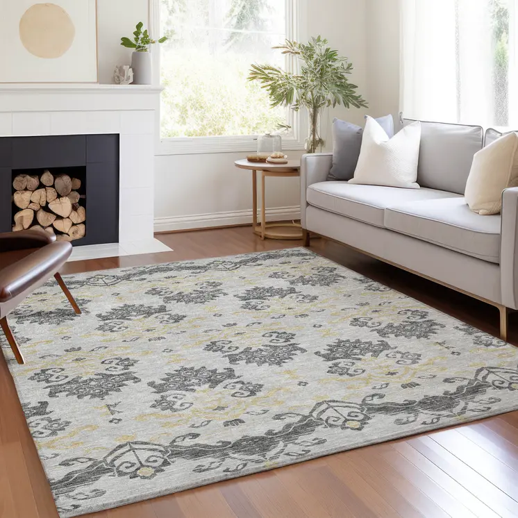 3' X 5' Charcoal Silver And Gold Oriental Washable Indoor Outdoor Area Rug