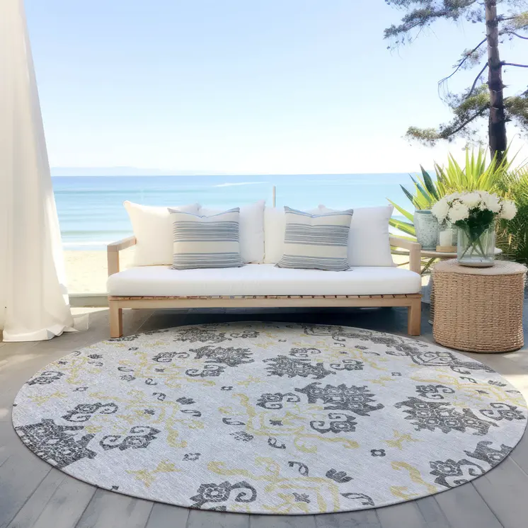 8' Charcoal Silver And Gold Round Oriental Washable Indoor Outdoor Area Rug
