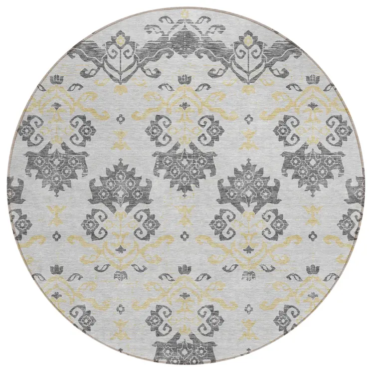 8' Charcoal Silver And Gold Round Oriental Washable Indoor Outdoor Area Rug