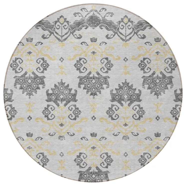 8' Charcoal Silver And Gold Round Oriental Washable Indoor Outdoor Area Rug