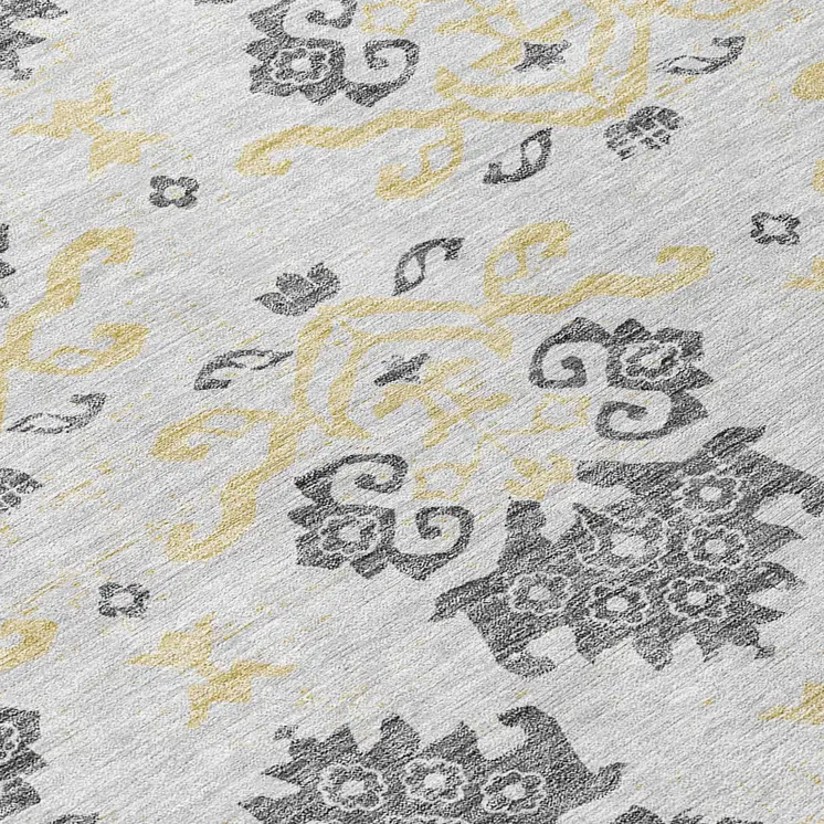 8' Charcoal Silver And Gold Round Oriental Washable Indoor Outdoor Area Rug