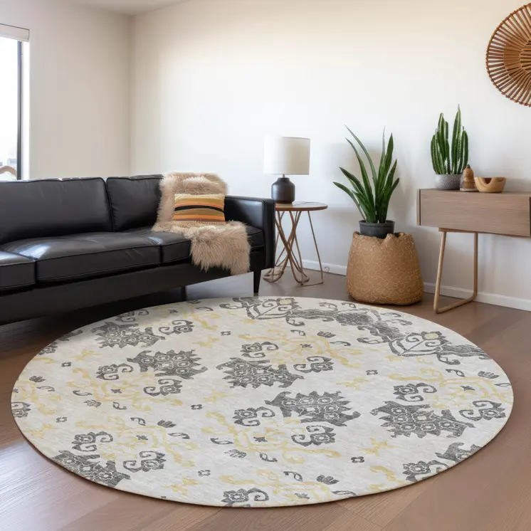 8' Charcoal Silver And Gold Round Oriental Washable Indoor Outdoor Area Rug