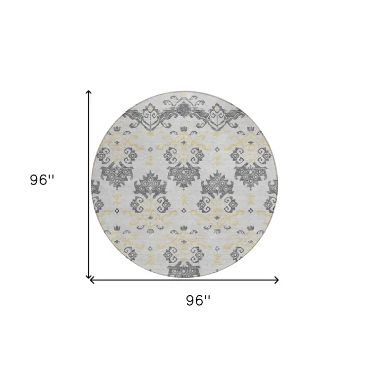 8' Charcoal Silver And Gold Round Oriental Washable Indoor Outdoor Area Rug