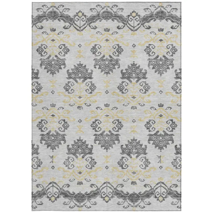 8' X 10' Charcoal Silver And Gold Oriental Washable Indoor Outdoor Area Rug