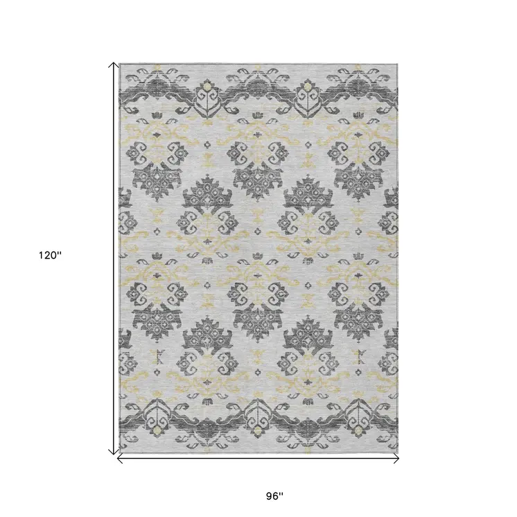 8' X 10' Charcoal Silver And Gold Oriental Washable Indoor Outdoor Area Rug