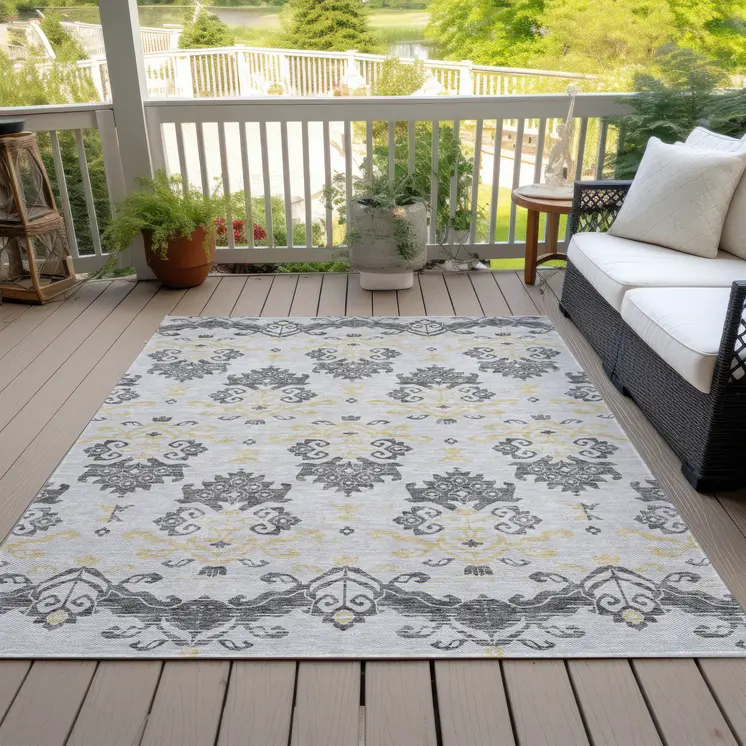 9' X 12' Charcoal Silver And Gold Oriental Washable Indoor Outdoor Area Rug