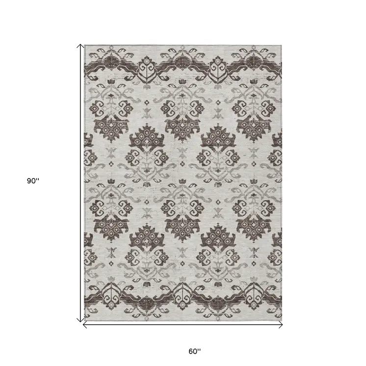 5' X 8' Chocolate Taupe And Beige Oriental Washable Indoor Outdoor Area Rug