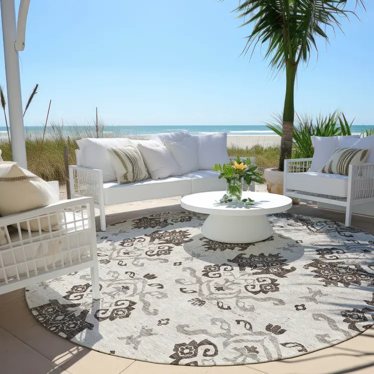 8' Chocolate Taupe And Beige Round Oriental Washable Indoor Outdoor Area Rug