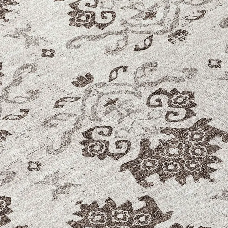 8' Chocolate Taupe And Beige Round Oriental Washable Indoor Outdoor Area Rug