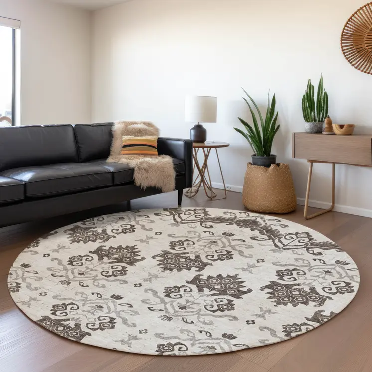 8' Chocolate Taupe And Beige Round Oriental Washable Indoor Outdoor Area Rug
