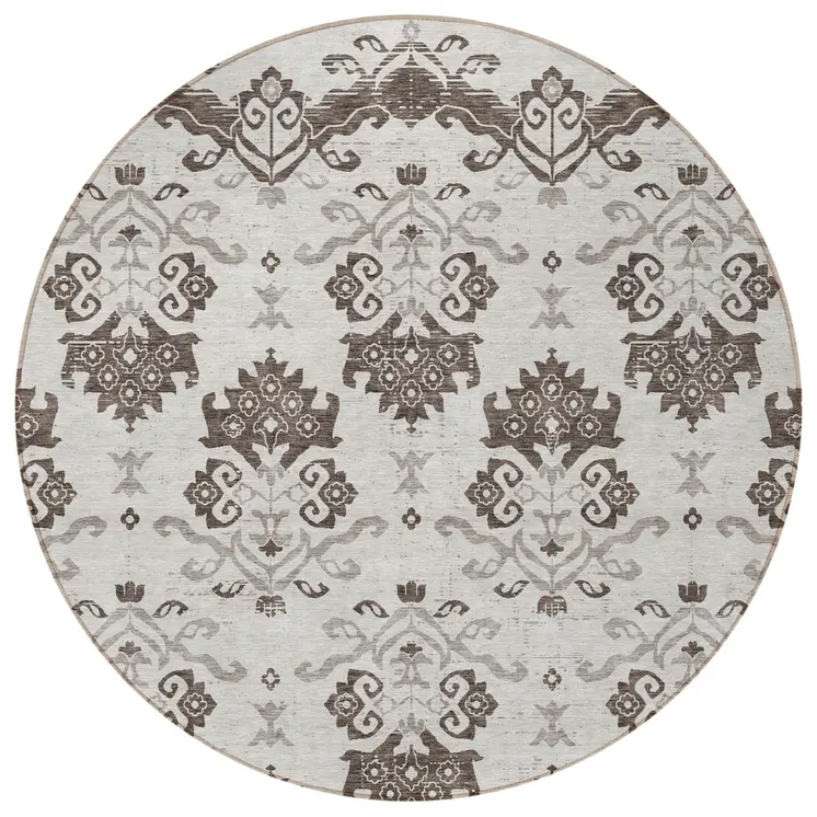 8' Chocolate Taupe And Beige Round Oriental Washable Indoor Outdoor Area Rug