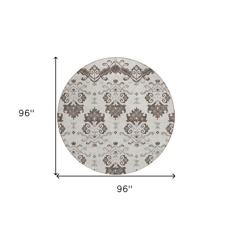8' Chocolate Taupe And Beige Round Oriental Washable Indoor Outdoor Area Rug