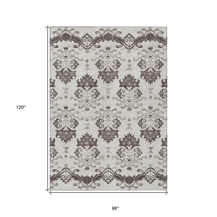 8' X 10' Chocolate Taupe And Beige Oriental Washable Indoor Outdoor Area Rug