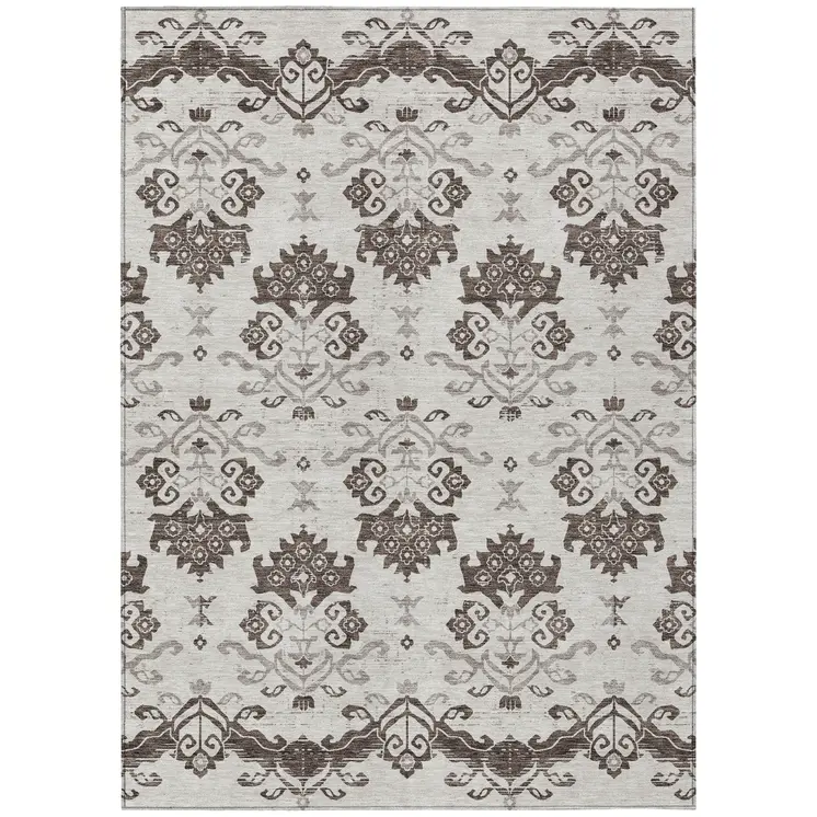 8' X 10' Chocolate Taupe And Beige Oriental Washable Indoor Outdoor Area Rug