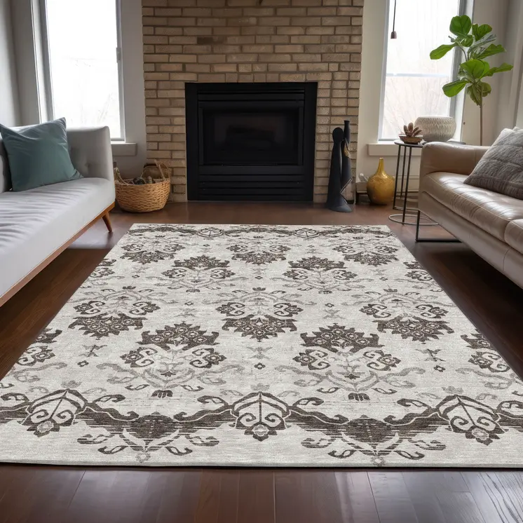 8' X 10' Chocolate Taupe And Beige Oriental Washable Indoor Outdoor Area Rug
