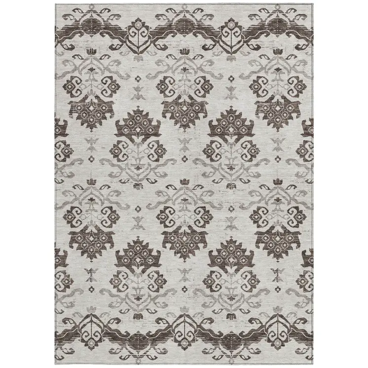 9' X 12' Chocolate Taupe And Beige Oriental Washable Indoor Outdoor Area Rug