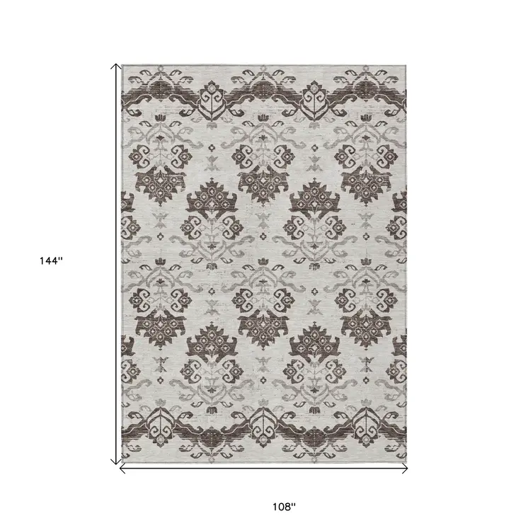 9' X 12' Chocolate Taupe And Beige Oriental Washable Indoor Outdoor Area Rug
