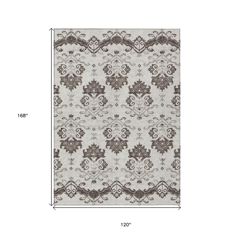 10' X 14' Chocolate Taupe And Beige Oriental Washable Indoor Outdoor Area Rug
