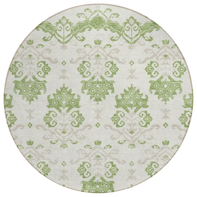 8' Green Beige And Taupe Round Oriental Washable Indoor Outdoor Area Rug