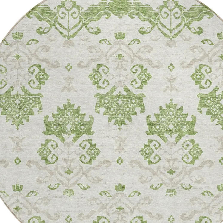 8' Green Beige And Taupe Round Oriental Washable Indoor Outdoor Area Rug