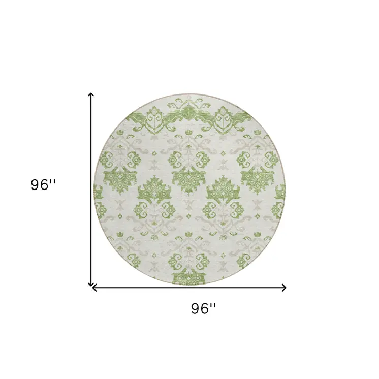 8' Green Beige And Taupe Round Oriental Washable Indoor Outdoor Area Rug