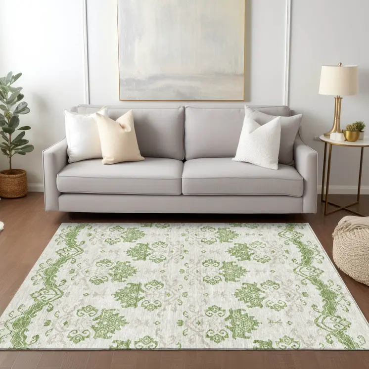 8' X 10' Green Beige And Taupe Oriental Washable Indoor Outdoor Area Rug