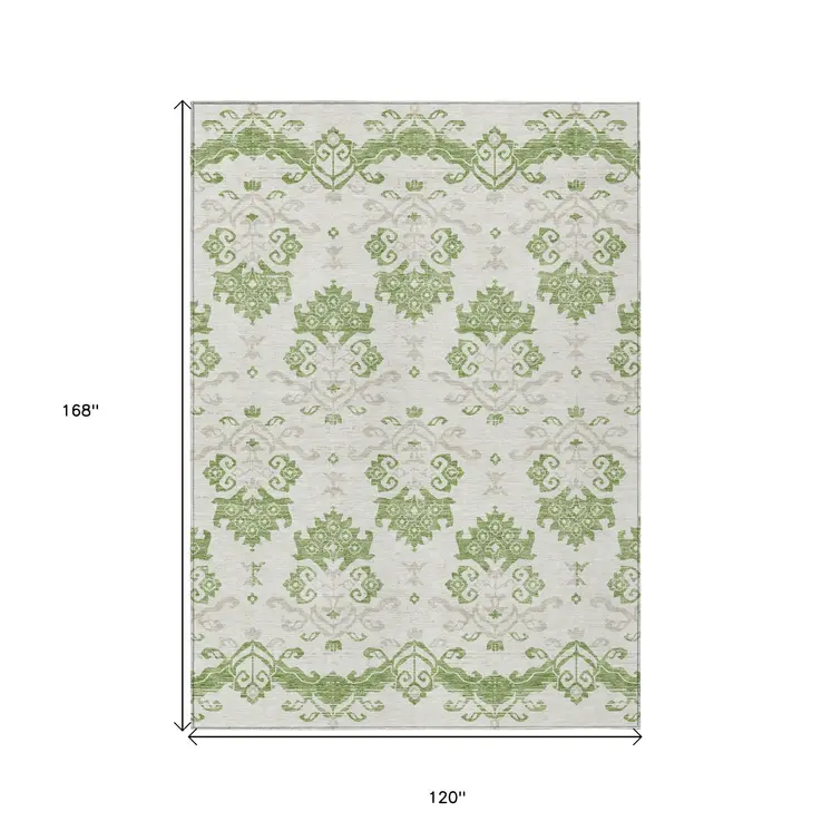 10' X 14' Green Beige And Taupe Oriental Washable Indoor Outdoor Area Rug