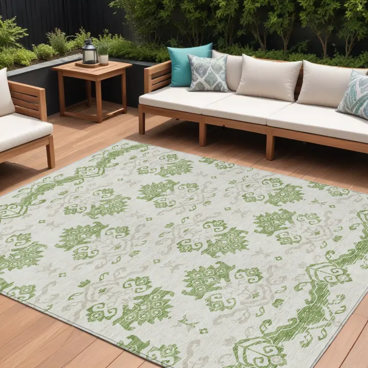 10' X 14' Green Beige And Taupe Oriental Washable Indoor Outdoor Area Rug