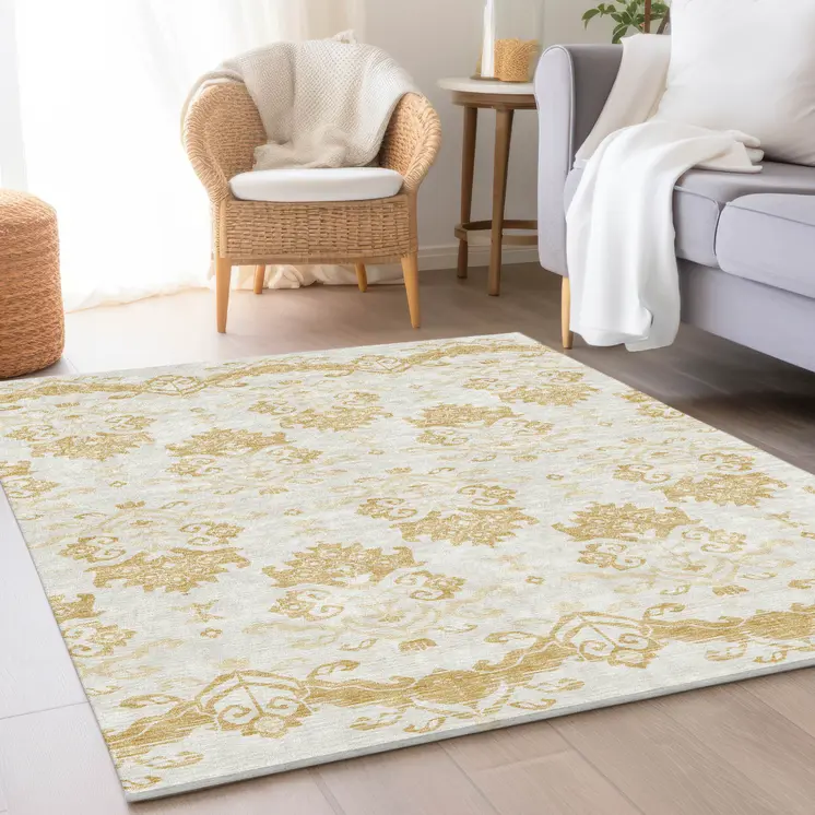 3' X 5' Gold Beige And Wheat Oriental Washable Indoor Outdoor Area Rug