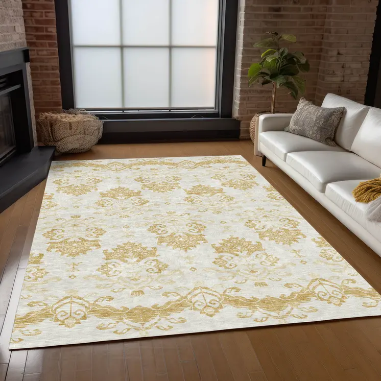 3' X 5' Gold Beige And Wheat Oriental Washable Indoor Outdoor Area Rug