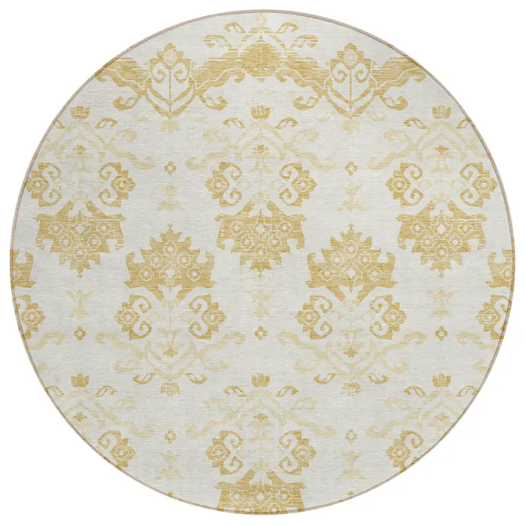 8' Gold Beige And Wheat Round Oriental Washable Indoor Outdoor Area Rug
