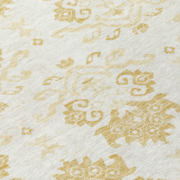8' Gold Beige And Wheat Round Oriental Washable Indoor Outdoor Area Rug