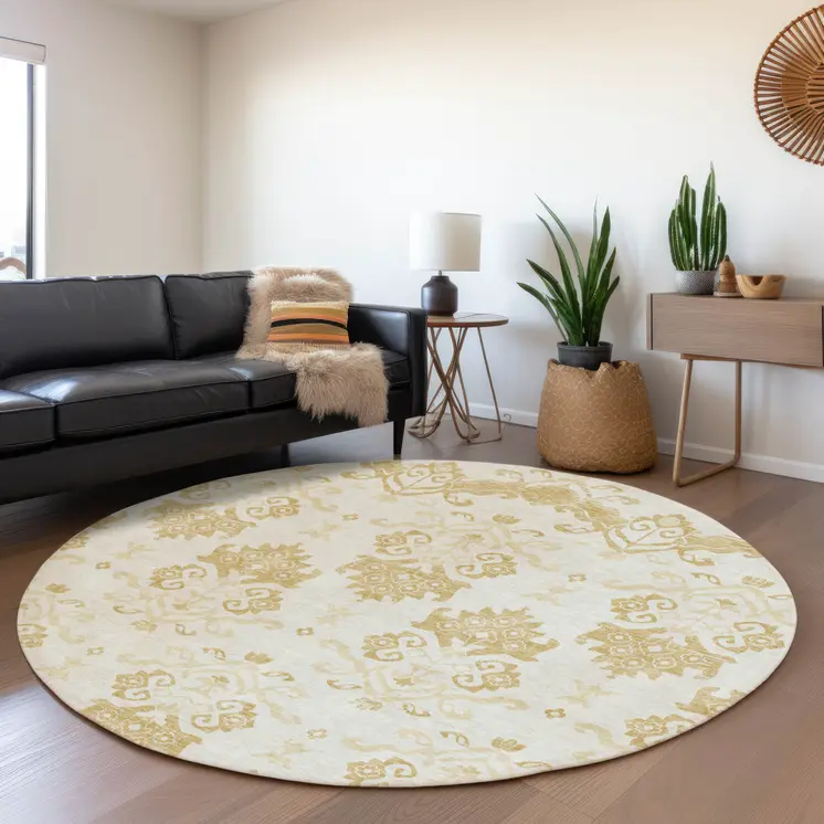 8' Gold Beige And Wheat Round Oriental Washable Indoor Outdoor Area Rug