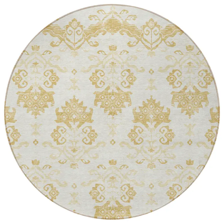 8' Gold Beige And Wheat Round Oriental Washable Indoor Outdoor Area Rug