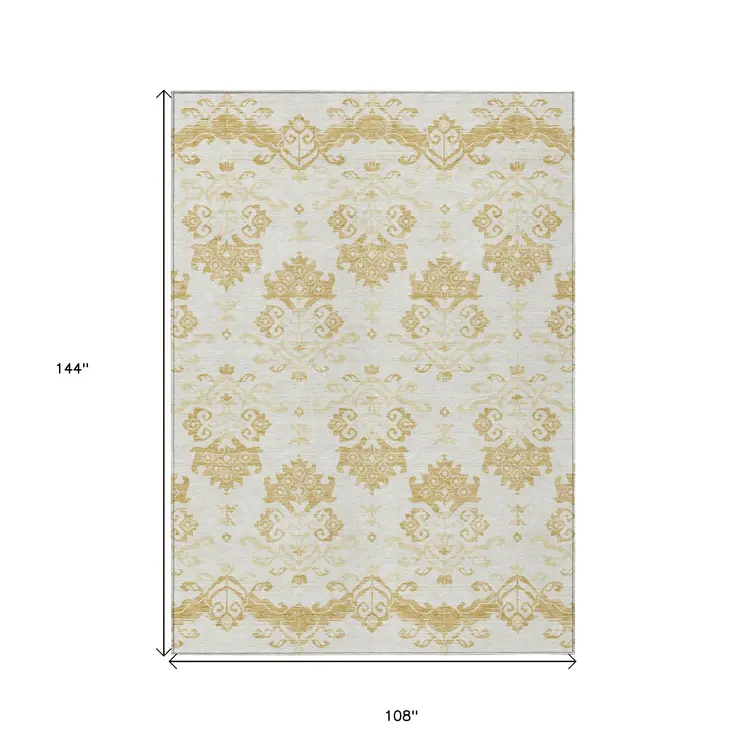 9' X 12' Gold Beige And Wheat Oriental Washable Indoor Outdoor Area Rug