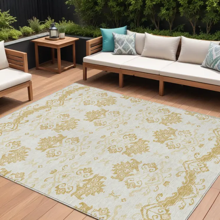 9' X 12' Gold Beige And Wheat Oriental Washable Indoor Outdoor Area Rug