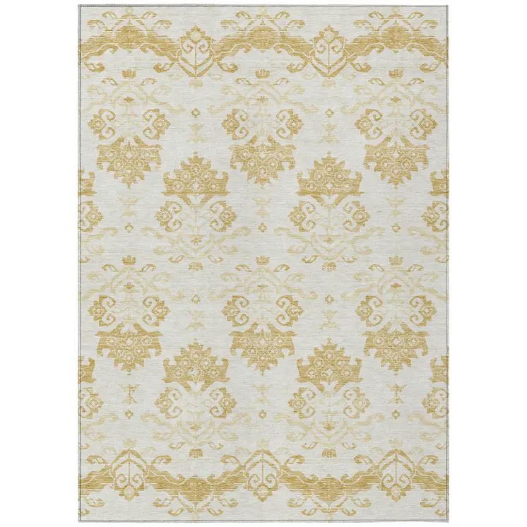 9' X 12' Gold Beige And Wheat Oriental Washable Indoor Outdoor Area Rug