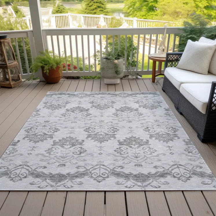 3' X 5' Graphite Gray And Silver Oriental Washable Indoor Outdoor Area Rug