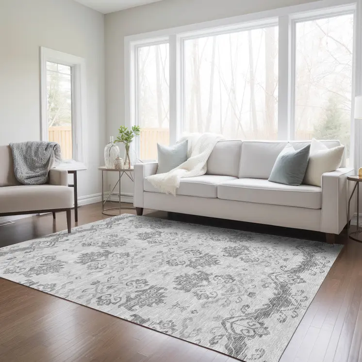 3' X 5' Graphite Gray And Silver Oriental Washable Indoor Outdoor Area Rug