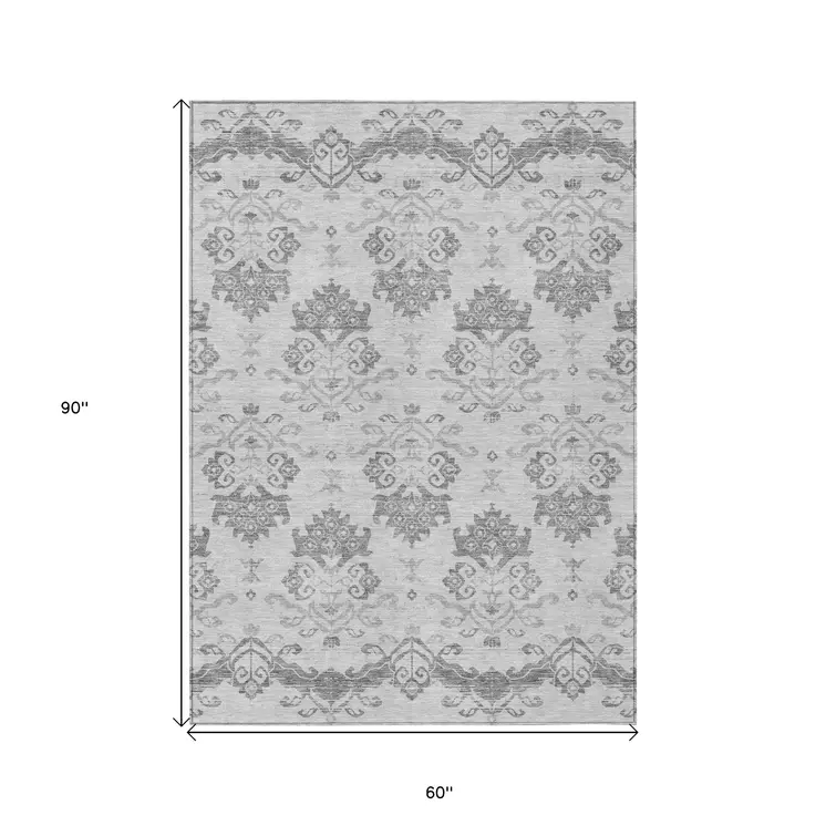 5' X 8' Graphite Gray And Silver Oriental Washable Indoor Outdoor Area Rug