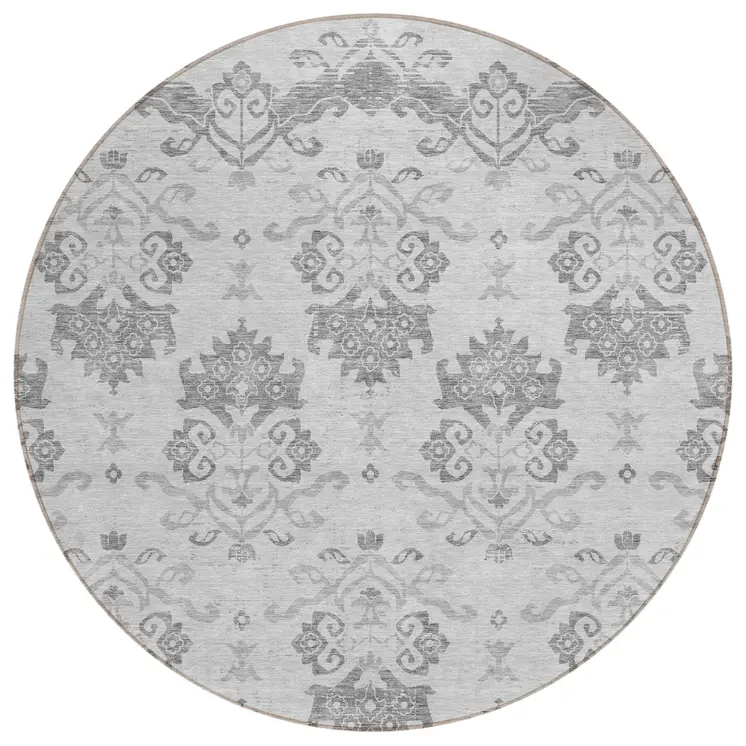 8' Graphite Gray And Silver Round Oriental Washable Indoor Outdoor Area Rug