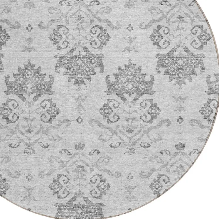 8' Graphite Gray And Silver Round Oriental Washable Indoor Outdoor Area Rug