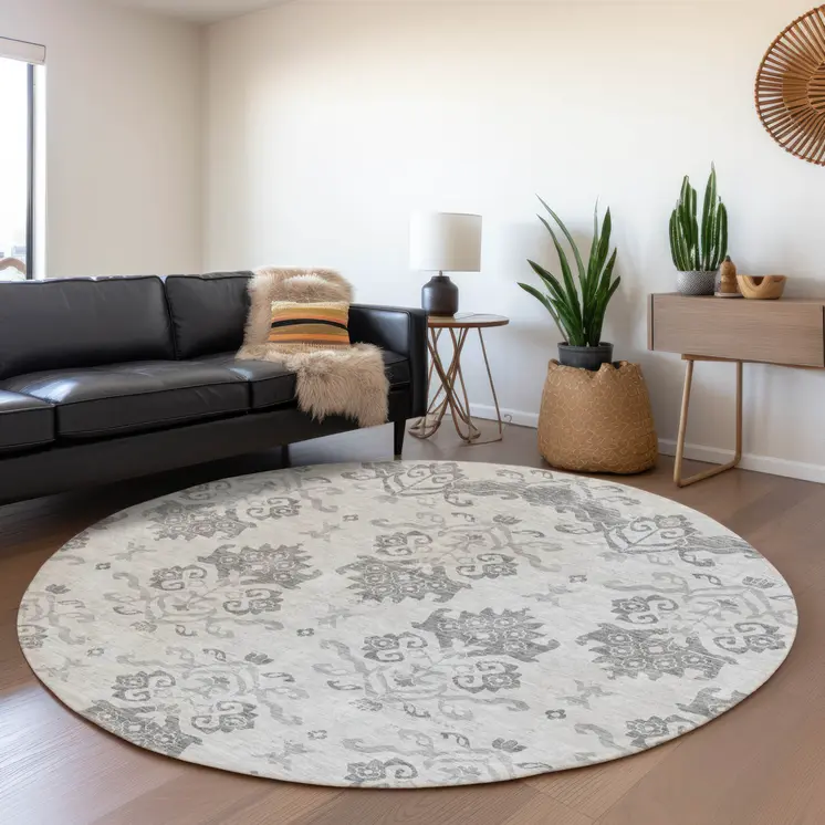 8' Graphite Gray And Silver Round Oriental Washable Indoor Outdoor Area Rug