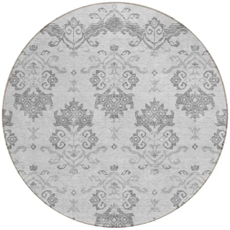8' Graphite Gray And Silver Round Oriental Washable Indoor Outdoor Area Rug