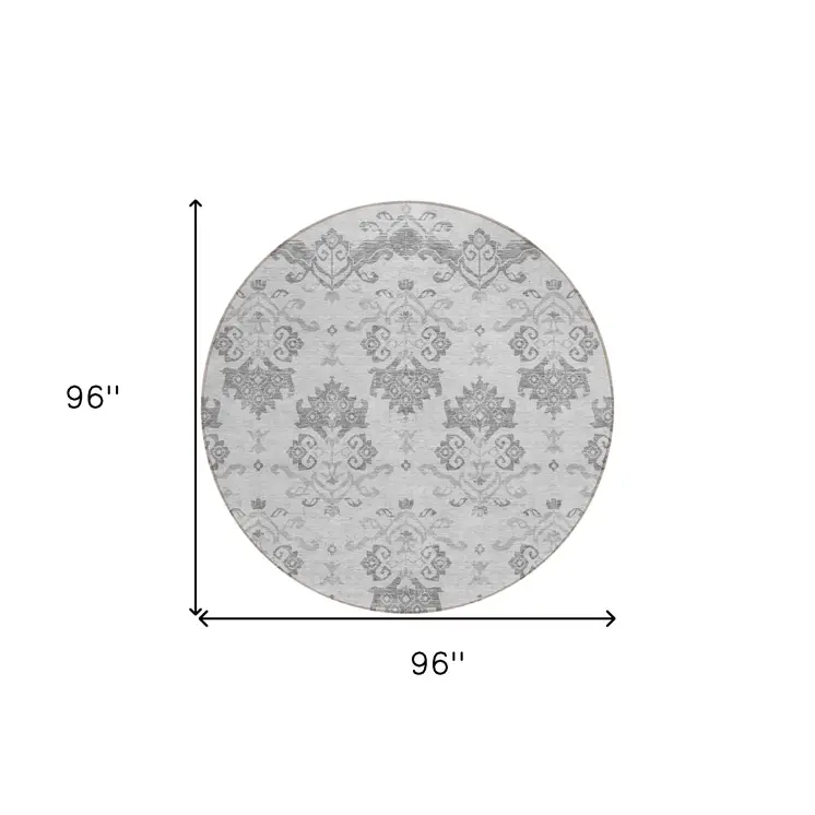 8' Graphite Gray And Silver Round Oriental Washable Indoor Outdoor Area Rug