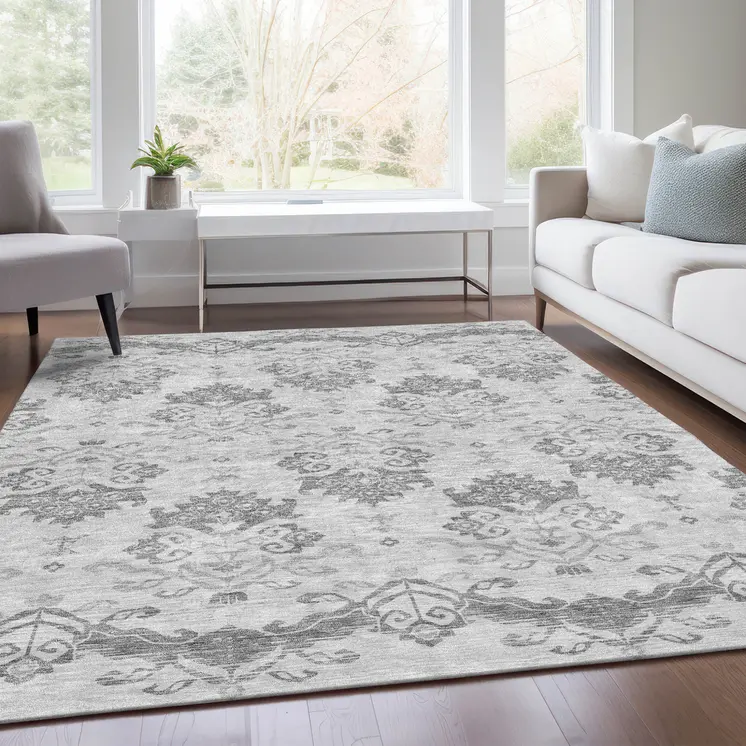 8' X 10' Graphite Gray And Silver Oriental Washable Indoor Outdoor Area Rug