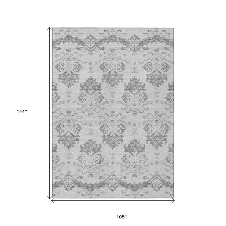 9' X 12' Graphite Gray And Silver Oriental Washable Indoor Outdoor Area Rug