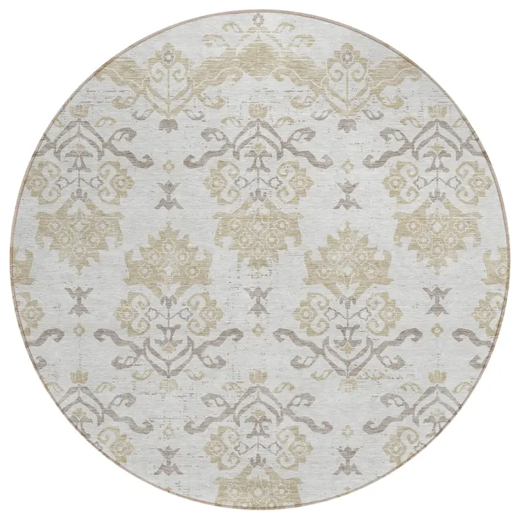 8' Ivory Beige And Taupe Round Oriental Washable Indoor Outdoor Area Rug