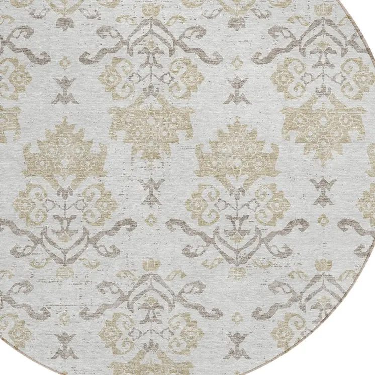 8' Ivory Beige And Taupe Round Oriental Washable Indoor Outdoor Area Rug