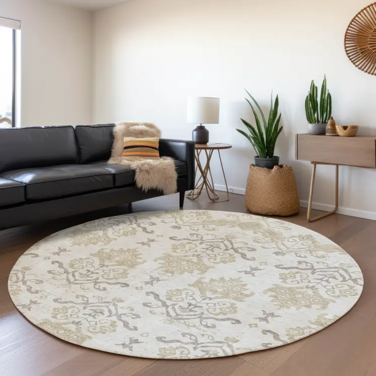 8' Ivory Beige And Taupe Round Oriental Washable Indoor Outdoor Area Rug